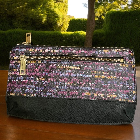 Karl Lagerfeld Double Zip Wristlet Pouch Clutch Bag Purple & Black NWOT